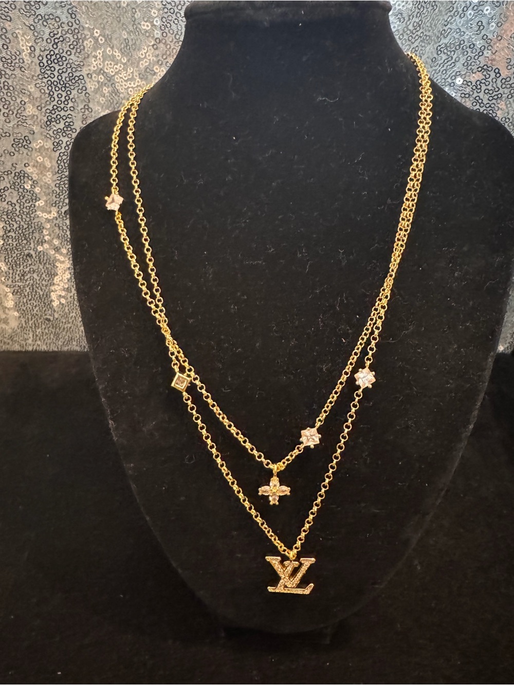 Louis Vuitton Gold Layered Logo Pendant Necklace with Crystal Accents